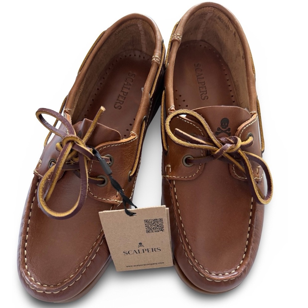 Scalpers Curiel Boat Shoes Mens Sz 7 Brown Leather Skull Logo Moccasins NEW